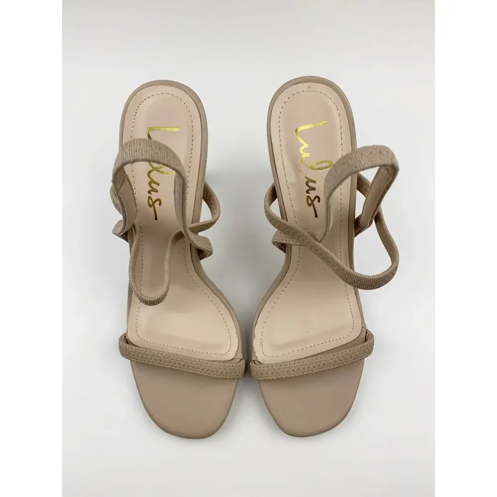 Lulus Babie Strappy High Heel Sandals Beige Faux Leather Women's 7.5 Neutral